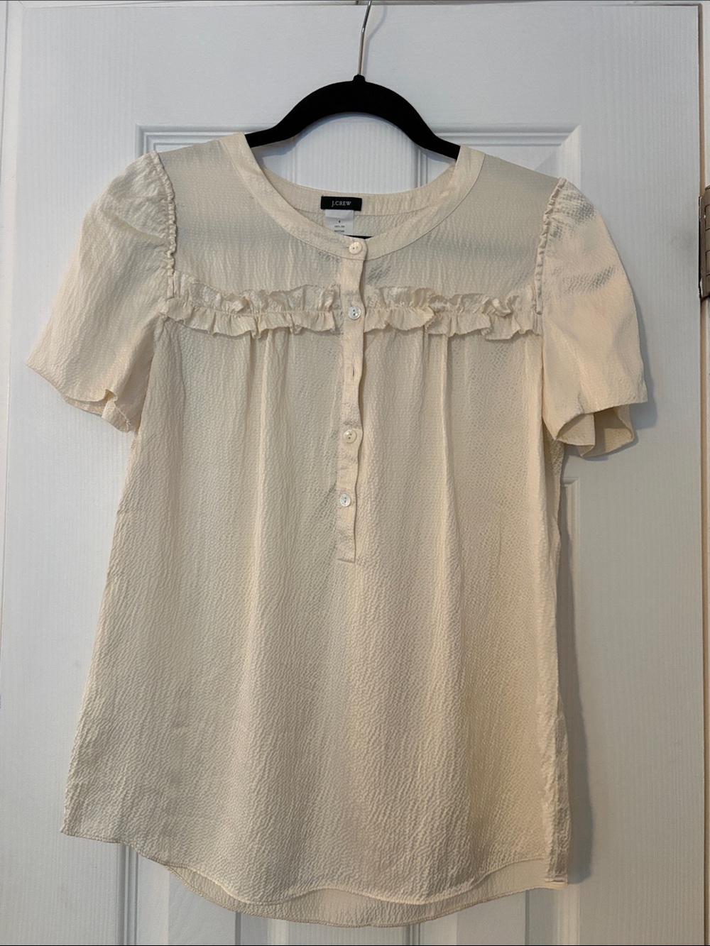 J Crew 100% Silk Ruffle Yoke Blouse Cream Ivory Size 4